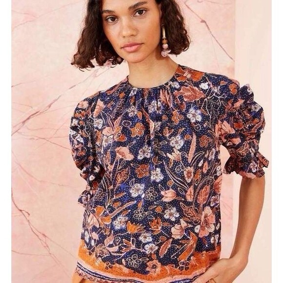 Ulla Johnson Blouse Joni Size 6 Blouse Top Abstract Floral Cotton Puff Sleeve - Picture 14 of 14